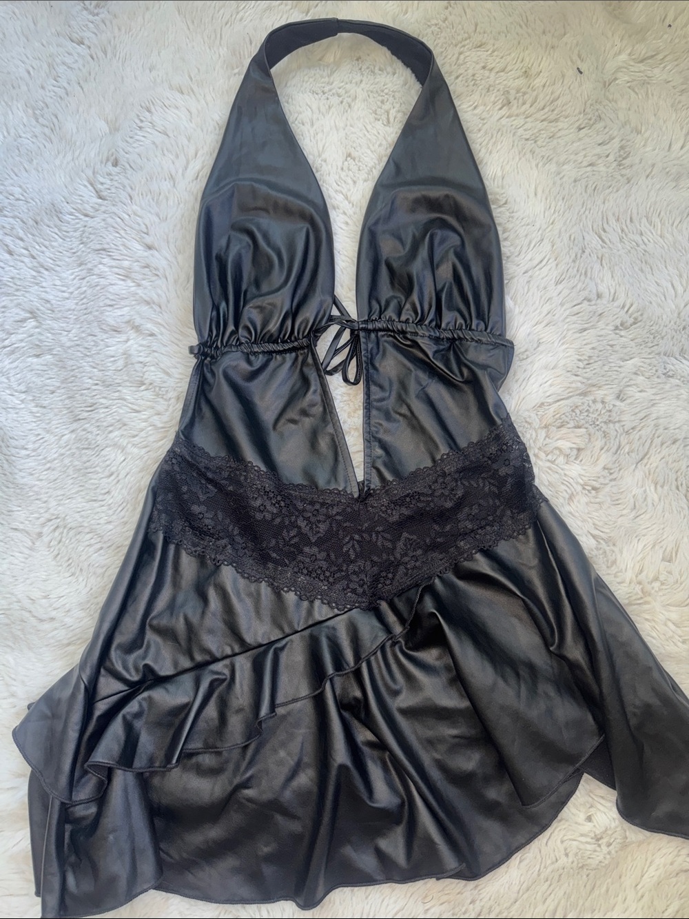 Black pleather club dress with lace and ruffles exotic dancewear / rave